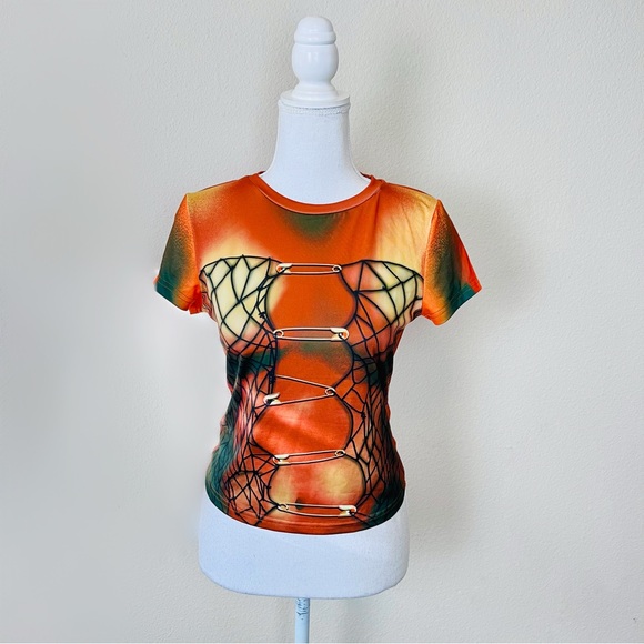 Rugged Trends Orange Fishnet & Safety Pin Grunge Illusion Short Sleeve Tee Top - Picture 2 of 8